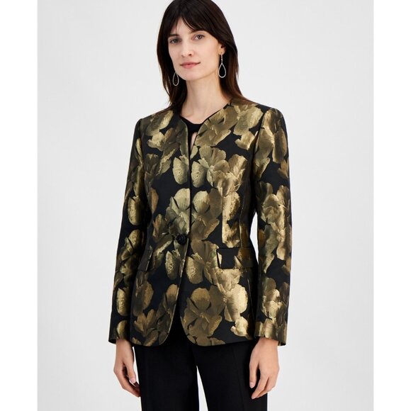 Kasper Jackets & Blazers - Kasper Black Gold Metallic Jacquard Collarless Jacket Petite Size 12P $159